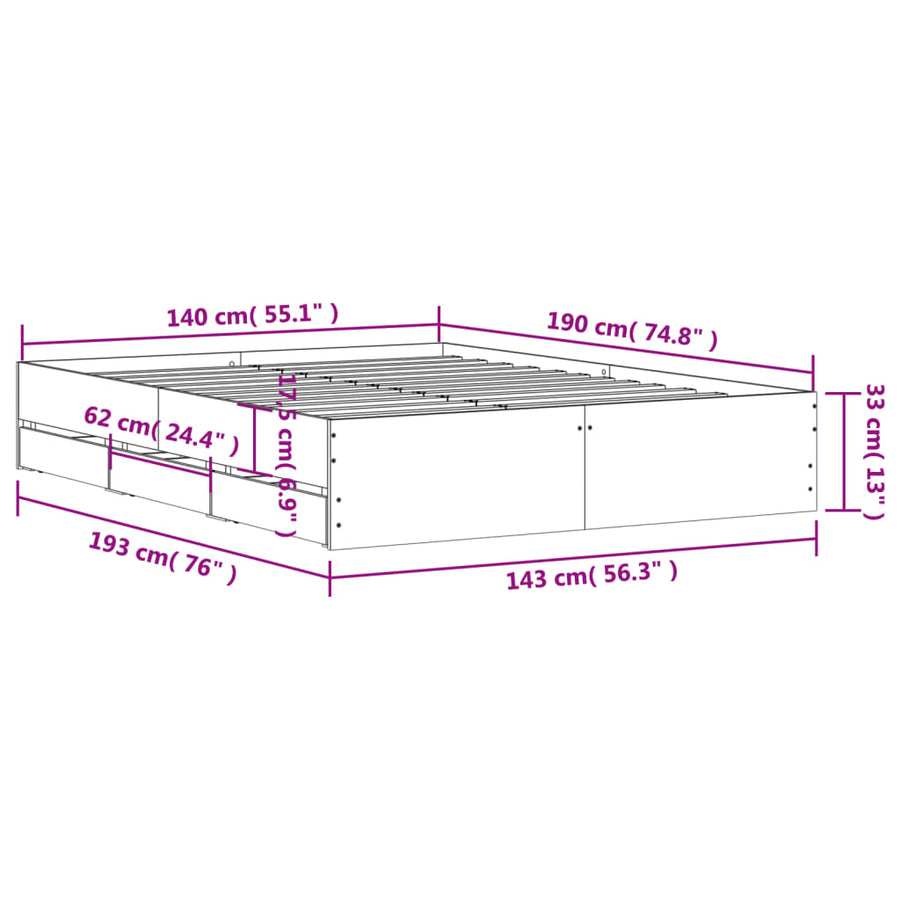 Bedframe met lades bewerkt hout zwart 140x190 cm