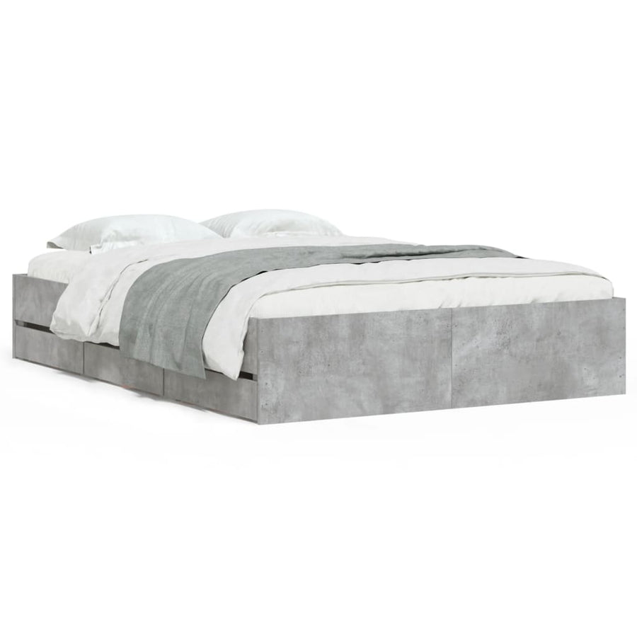 Bedframe met lades bewerkt hout betongrijs 135x190 cm 135 x 190 cm Betongrijs