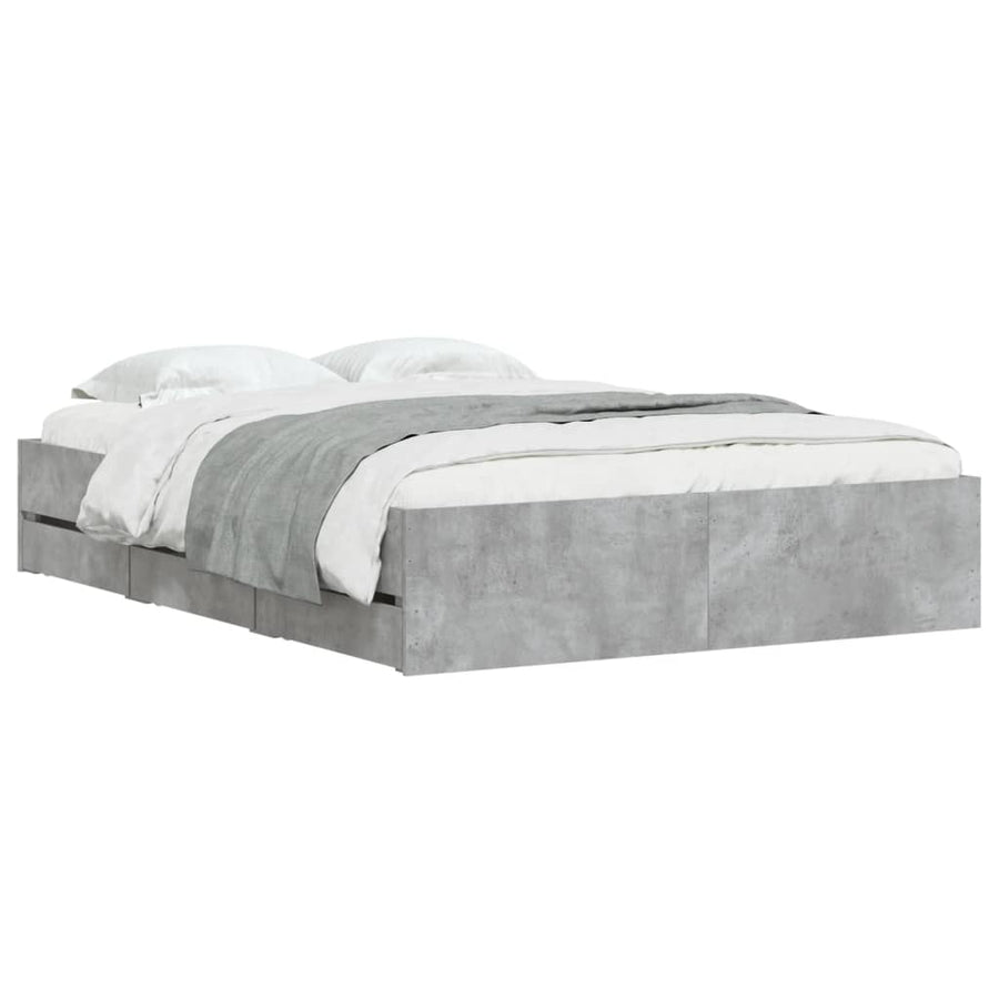 Bedframe met lades bewerkt hout betongrijs 135x190 cm 135 x 190 cm Betongrijs