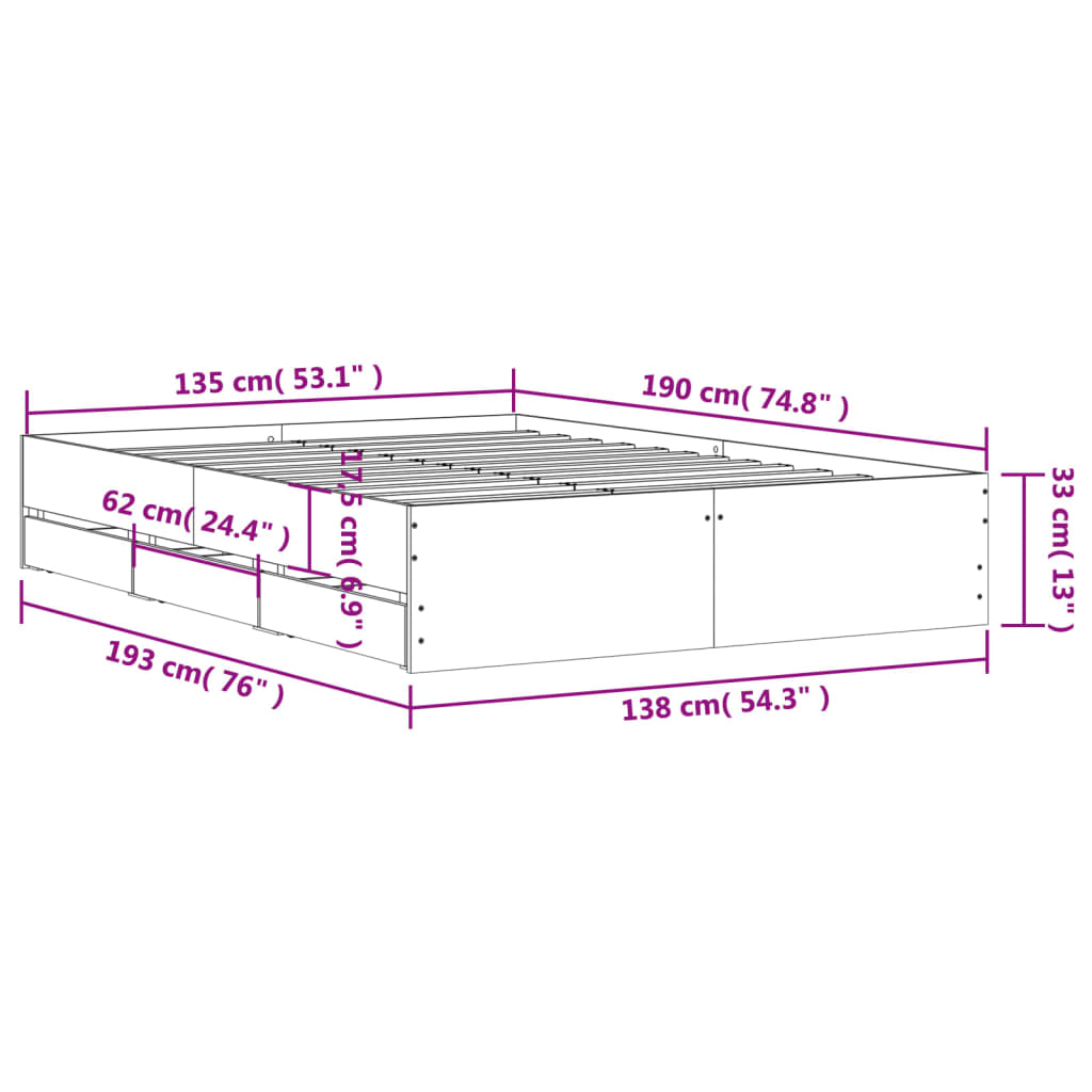 Bedframe met lades bewerkt hout betongrijs 135x190 cm 135 x 190 cm Betongrijs