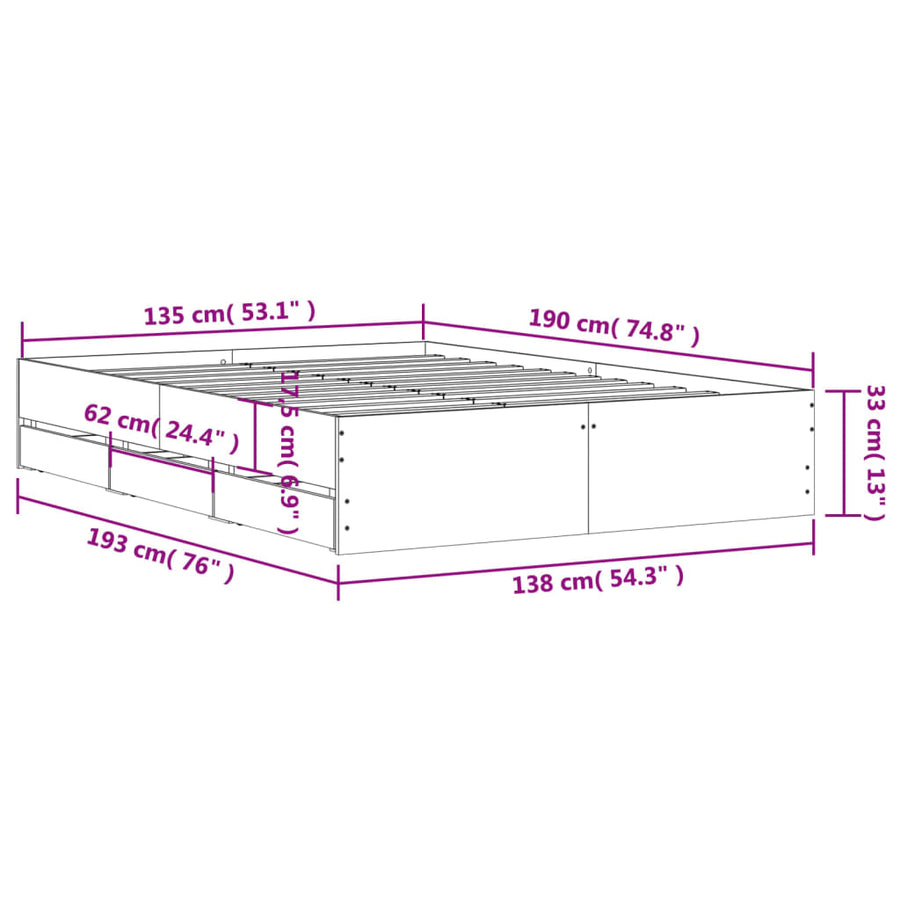 Bedframe met lades bewerkt hout betongrijs 135x190 cm 135 x 190 cm Betongrijs