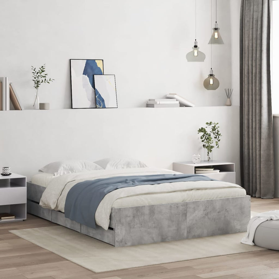 Bedframe met lades bewerkt hout betongrijs 135x190 cm 135 x 190 cm Betongrijs