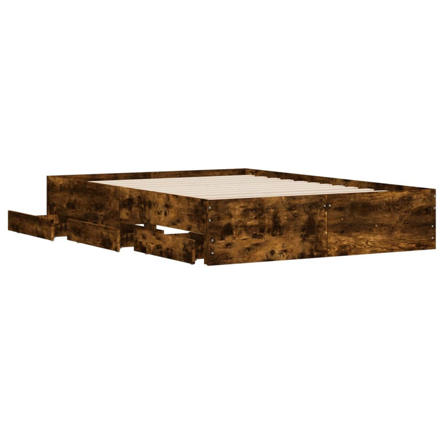 Bedframe met lades bewerkt hout gerookt eikenkleurig 135x190 cm 135 x 190 cm Gerookt eiken