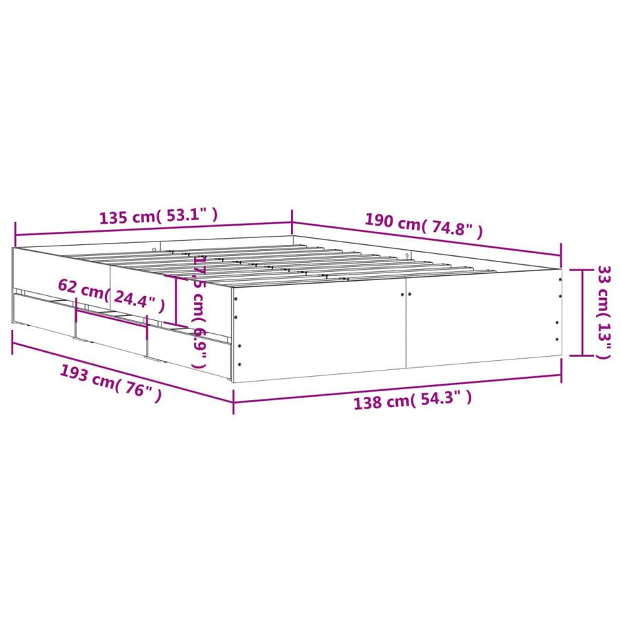 Bedframe met lades bewerkt hout gerookt eikenkleurig 135x190 cm 135 x 190 cm Gerookt eiken