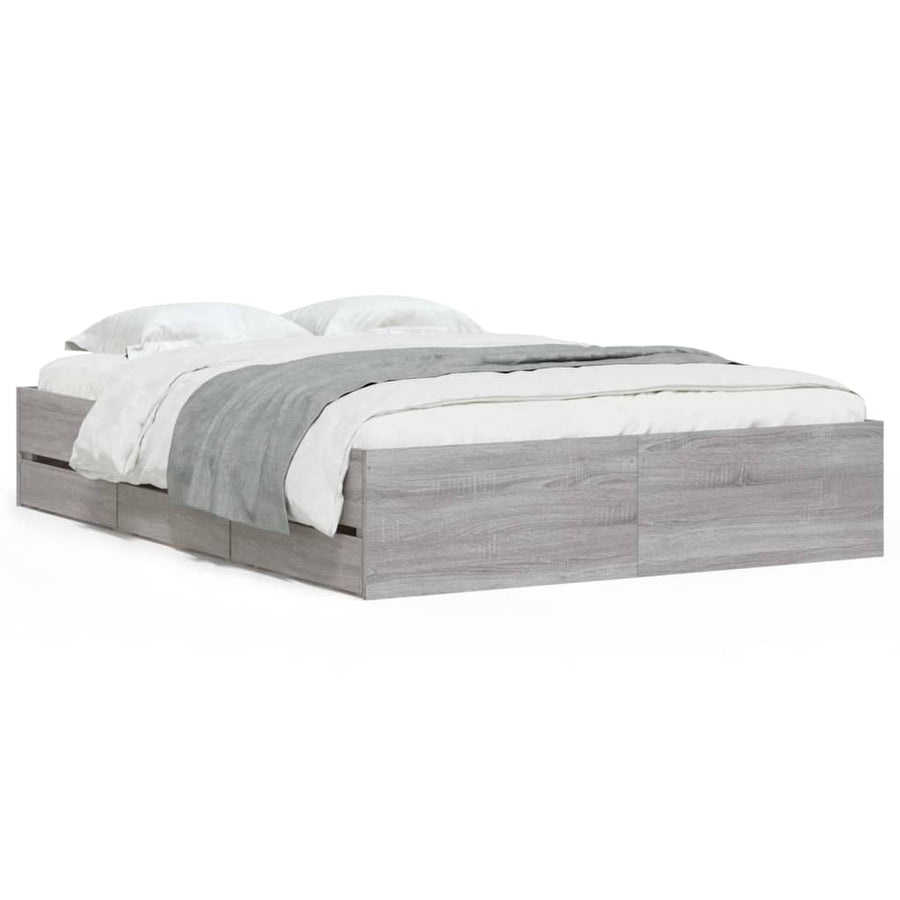 Bedframe met lades bewerkt hout grijs sonoma eiken 135x190 cm 135 x 190 cm Grijs sonoma