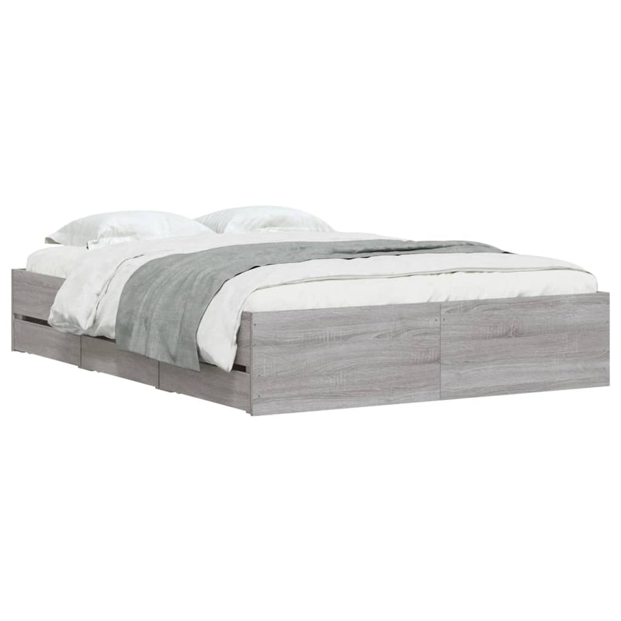 Bedframe met lades bewerkt hout grijs sonoma eiken 135x190 cm 135 x 190 cm Grijs sonoma