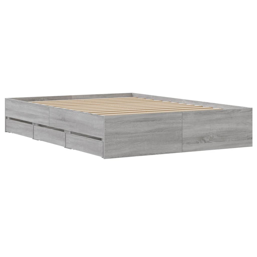 Bedframe met lades bewerkt hout grijs sonoma eiken 135x190 cm 135 x 190 cm Grijs sonoma
