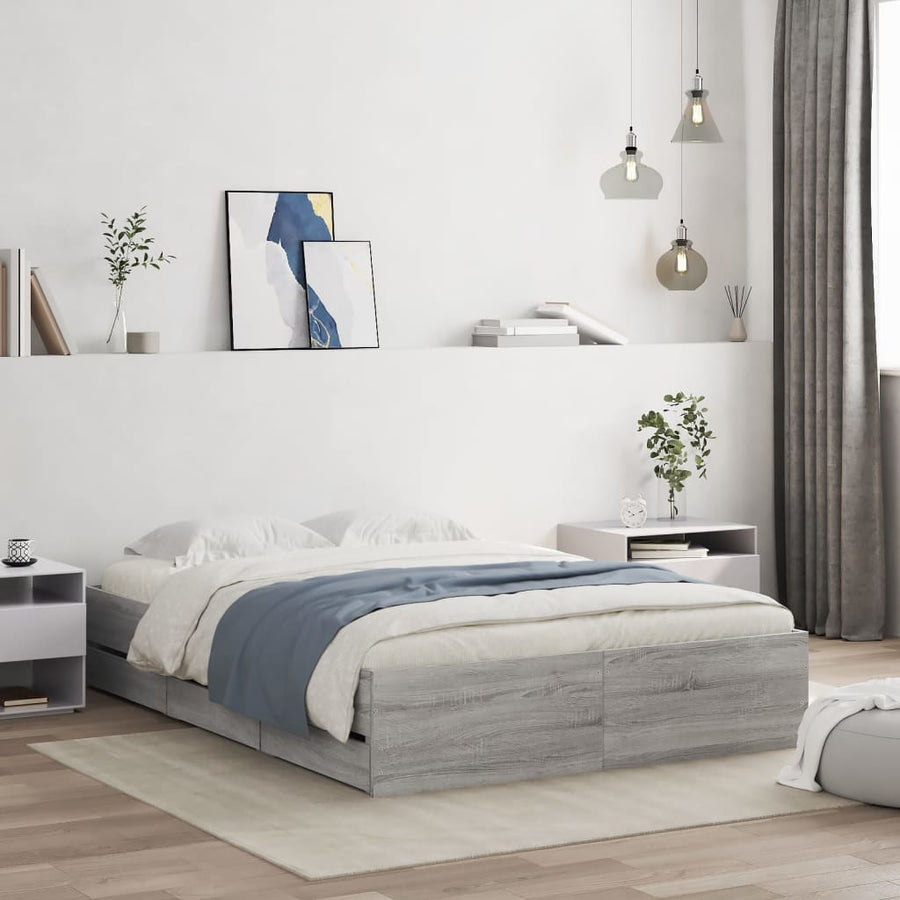 Bedframe met lades bewerkt hout grijs sonoma eiken 135x190 cm 135 x 190 cm Grijs sonoma