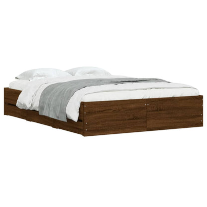 Bedframe met lades bewerkt hout bruin eikenkleurig 135x190 cm 135 x 190 cm bruin eikenkleur
