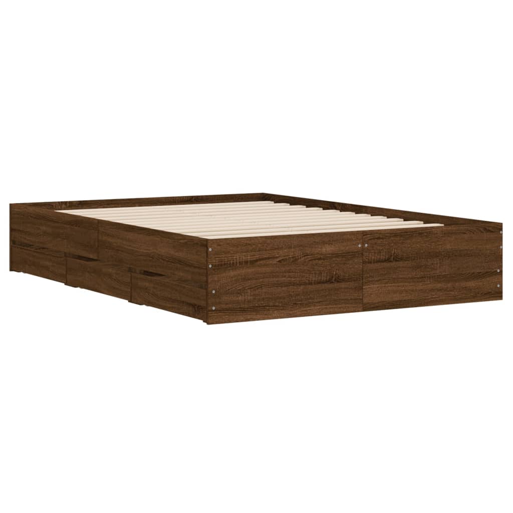 Bedframe met lades bewerkt hout bruin eikenkleurig 135x190 cm 135 x 190 cm bruin eikenkleur