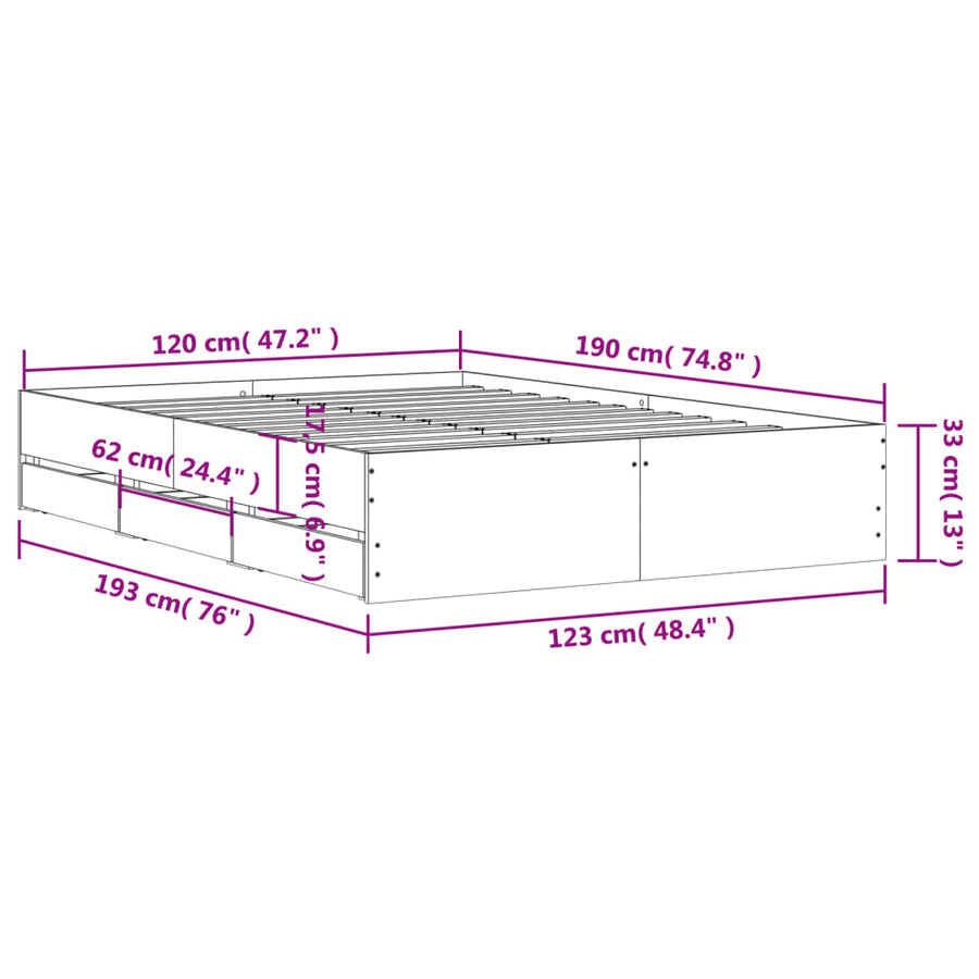 Bedframe met lades bewerkt hout bruin eikenkleurig 120x190 cm