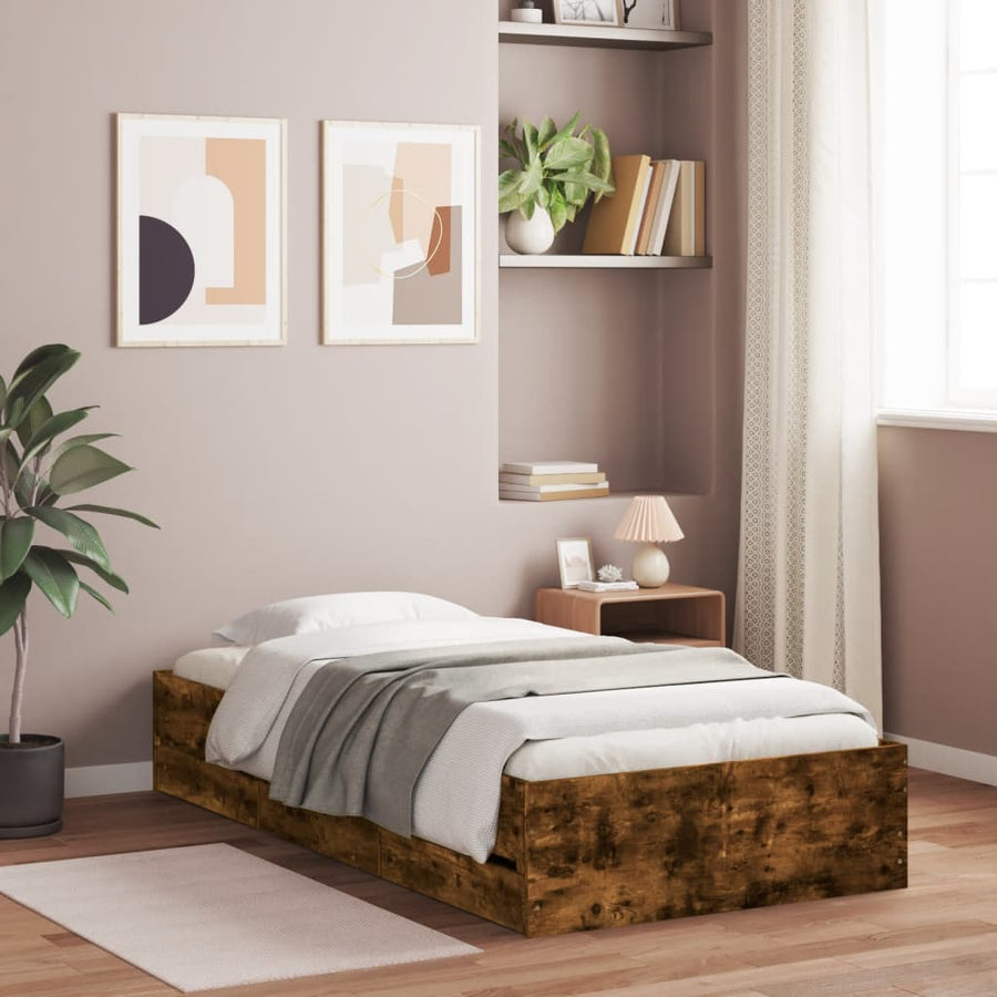 Bedframe met lades bewerkt hout gerookt eikenkleurig 90x190 cm