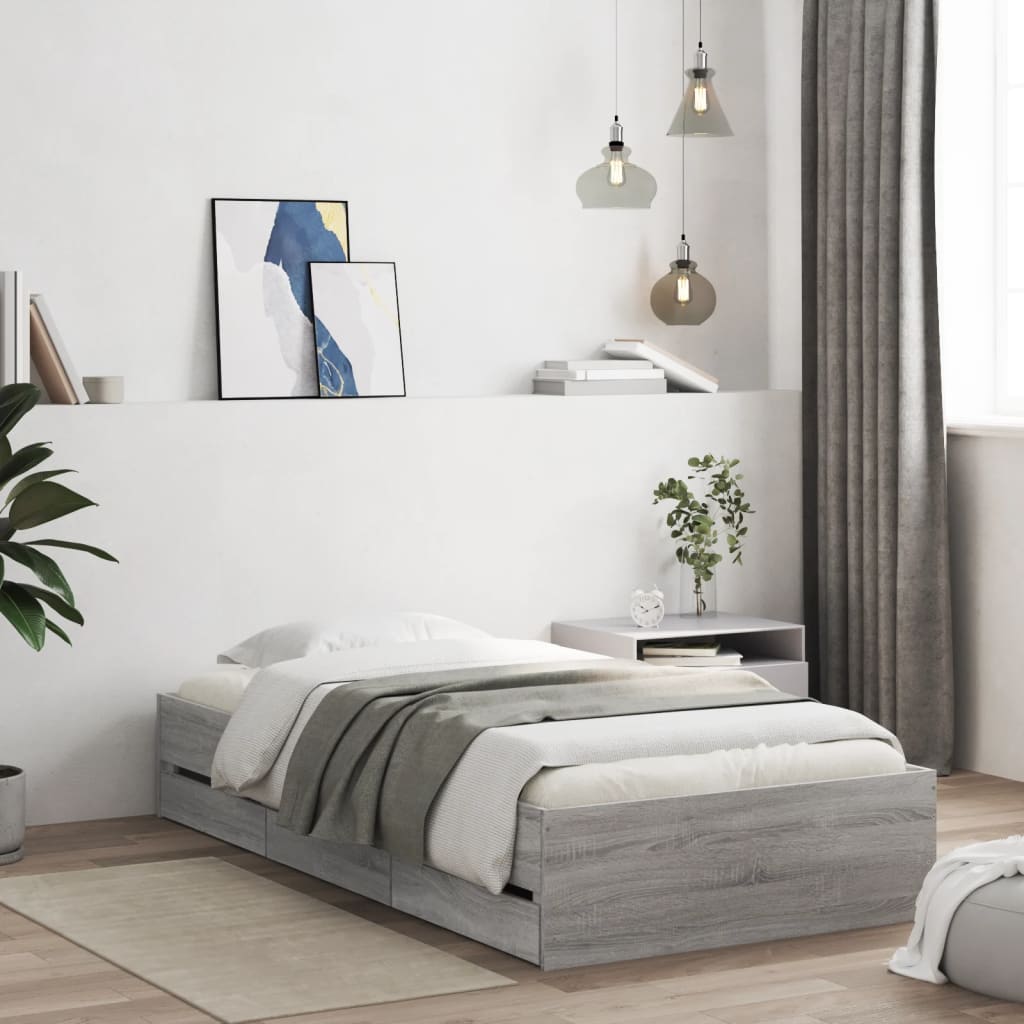 Bedframe met lades bewerkt hout grijs sonoma eiken 75x190 cm