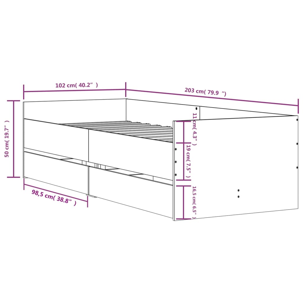 Bedframe met lades wit 100x200 cm 100 x 200 cm Wit