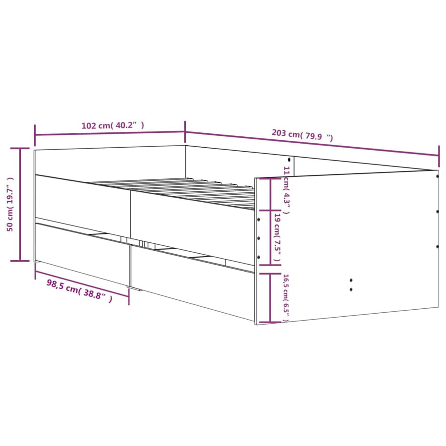 Bedframe met lades wit 100x200 cm 100 x 200 cm Wit