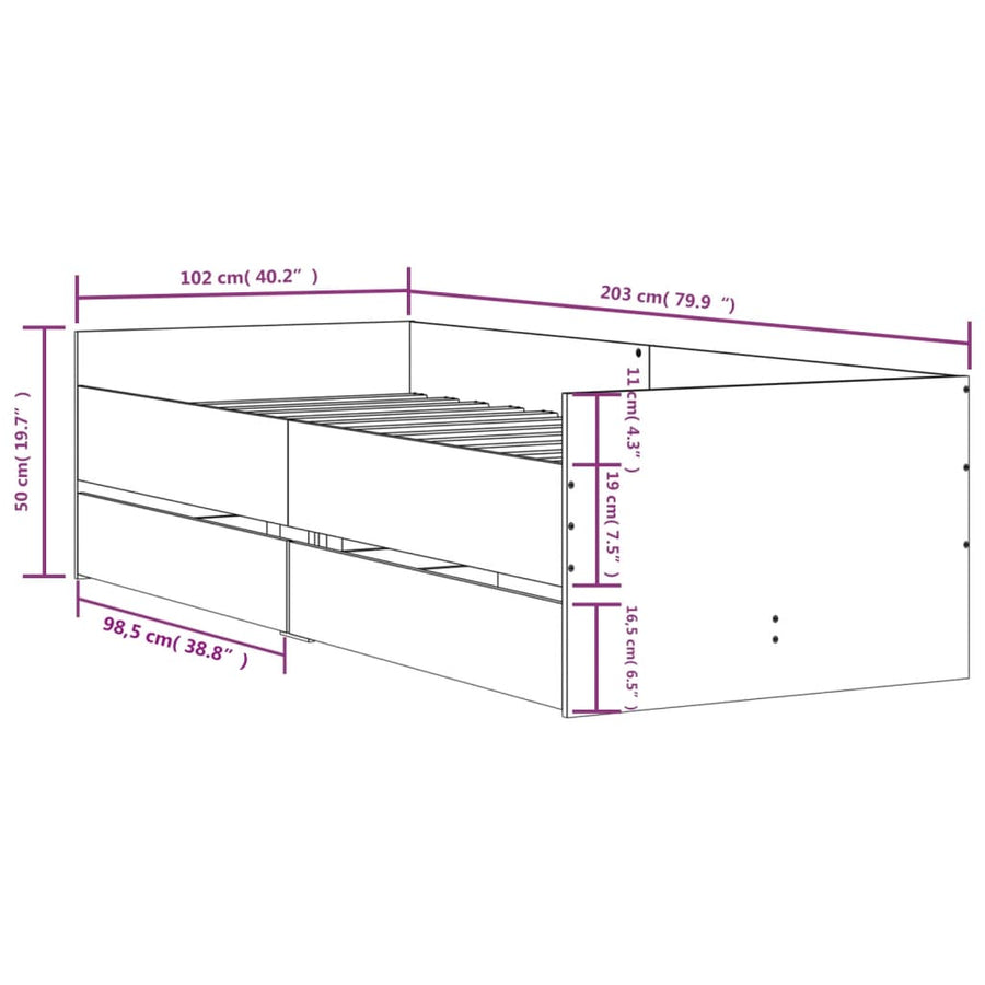 Bedframe met lades gerookt eikenkleurig 100x200 cm 100 x 200 cm Gerookt eiken