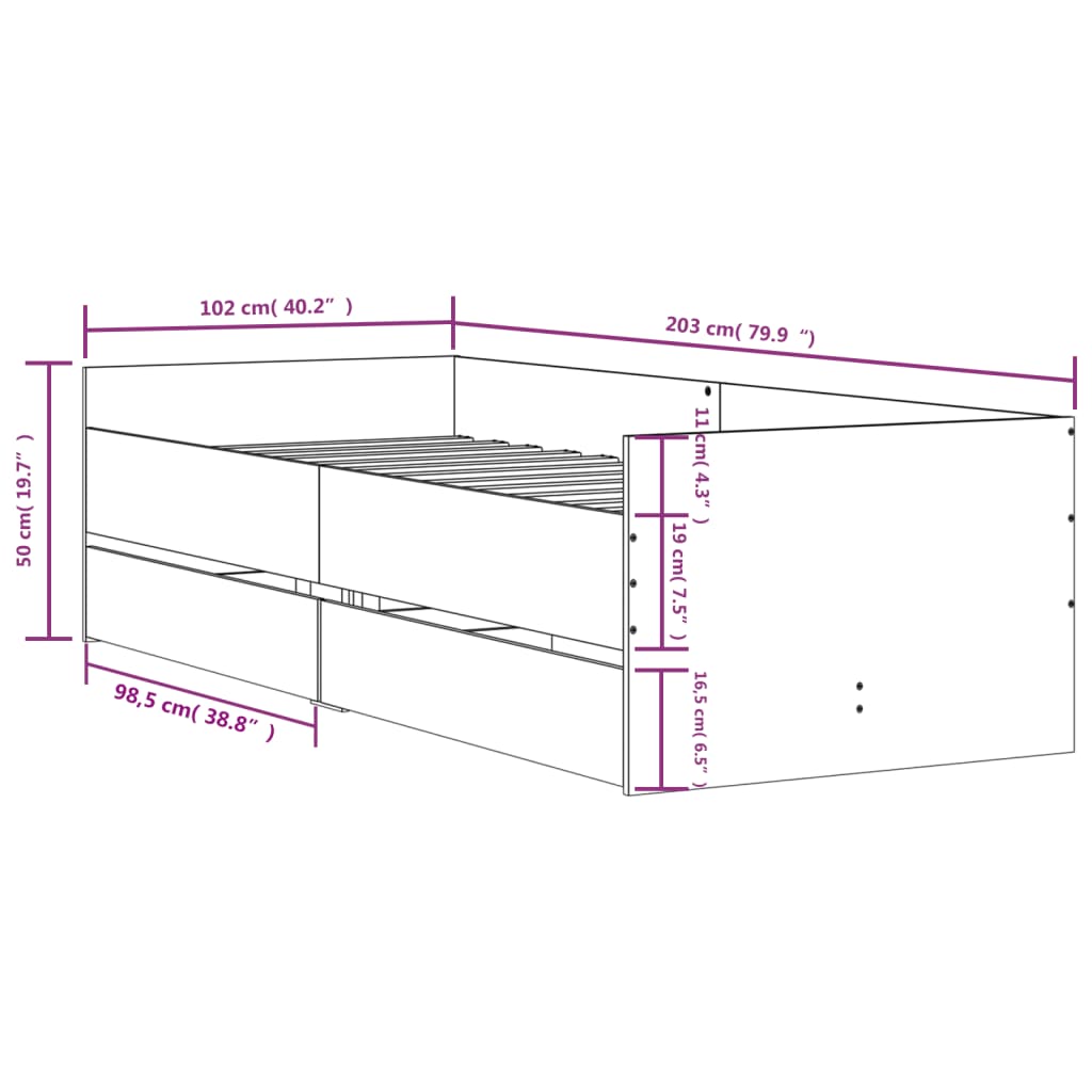 Bedframe met lades grijs sonoma eikenkleurig 100x200 cm 100 x 200 cm Grijs sonoma