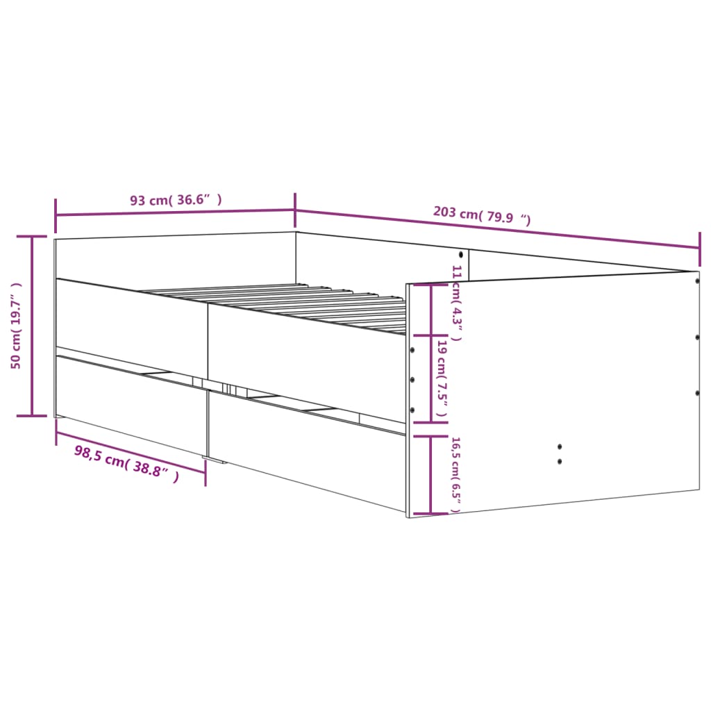 Bedframe met lades betongrijs 90x200 cm 90 x 200 cm Betongrijs