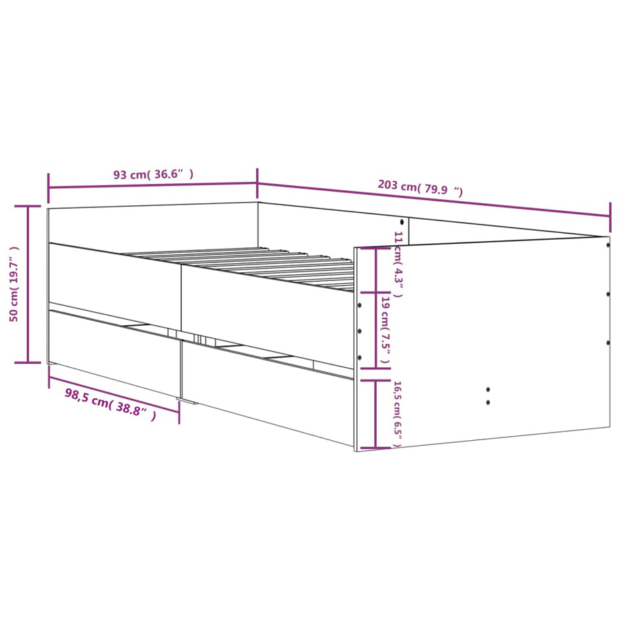 Bedframe met lades betongrijs 90x200 cm 90 x 200 cm Betongrijs