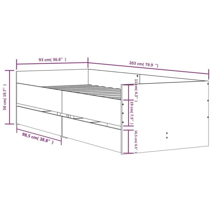 Bedframe met lades gerookt eikenkleurig 90x200 cm 90 x 200 cm Gerookt eiken