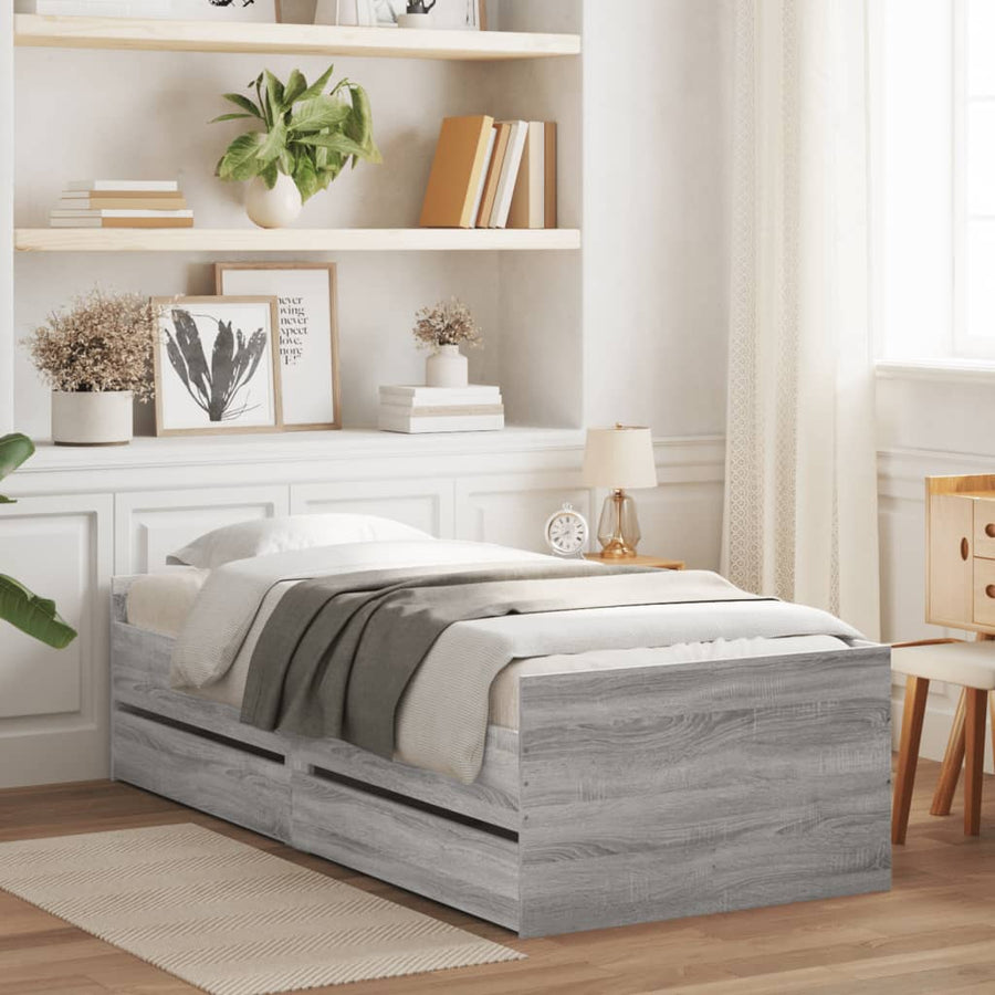 Bedframe met lades grijs sonoma eikenkleurig 90x200 cm 90 x 200 cm Grijs sonoma