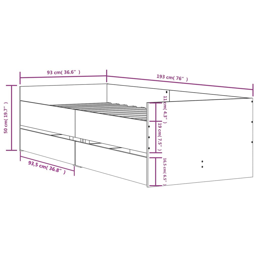 Bedframe Met Lades Wit 90 x 190 cm