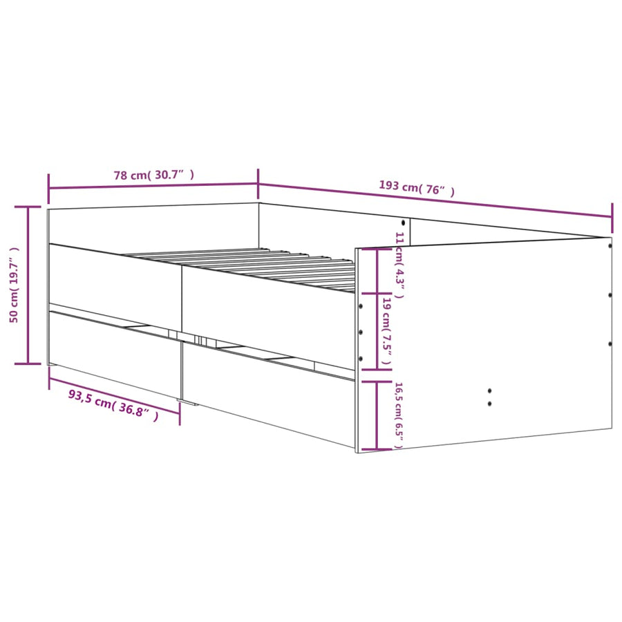 Bedframe met lades betongrijs 75x190 cm Small Single 75 x 190 cm Betongrijs
