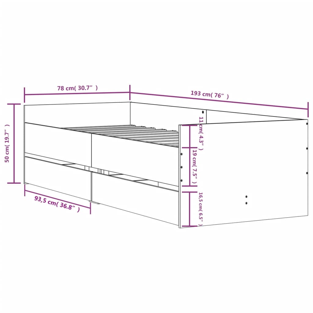 Bedframe met lades gerookt eikenkleurig 75x190 cm Small Single 75 x 190 cm Gerookt eiken
