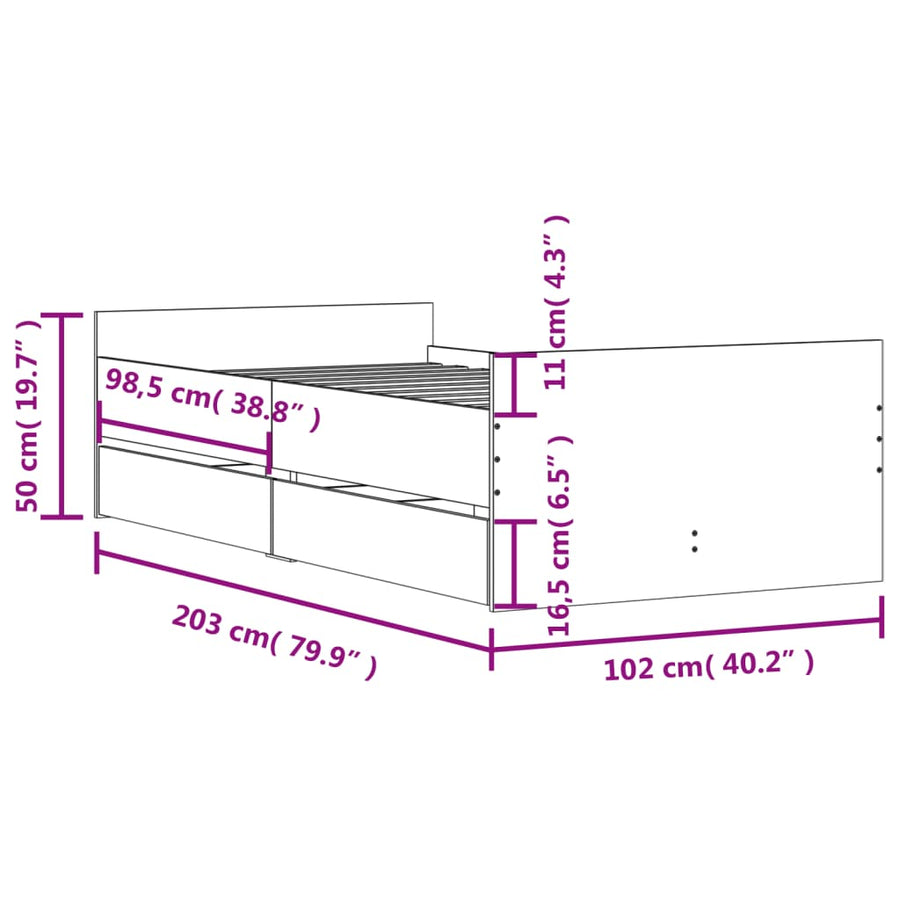 Bedframe met lades gerookt eikenkleurig 100x200 cm 100 x 200 cm Gerookt eiken