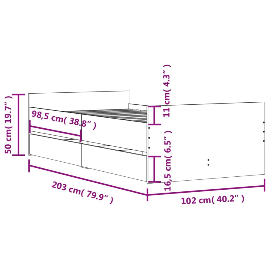 Bedframe met lades bruineikenkleurig 100x200 cm 100 x 200 cm bruin eikenkleur