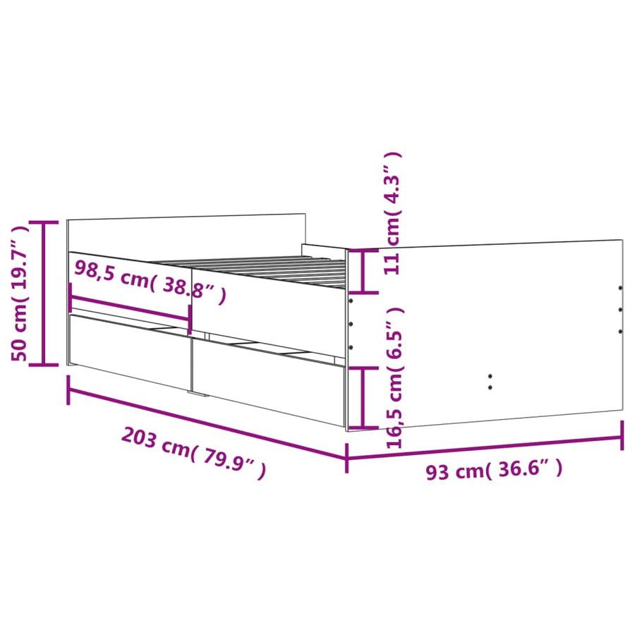 Bedframe met lades sonoma eikenkleurig 90x200 cm 90 x 200 cm Sonoma eiken