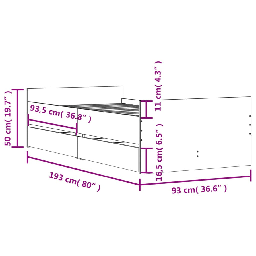 Bedframe met lades sonoma eikenkleurig 90x190 cm 90 x 190 cm Sonoma eiken