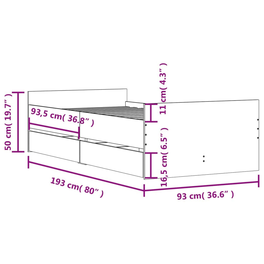 Bedframe met lades gerookt eikenkleurig 90x190 cm 90 x 190 cm Gerookt eiken