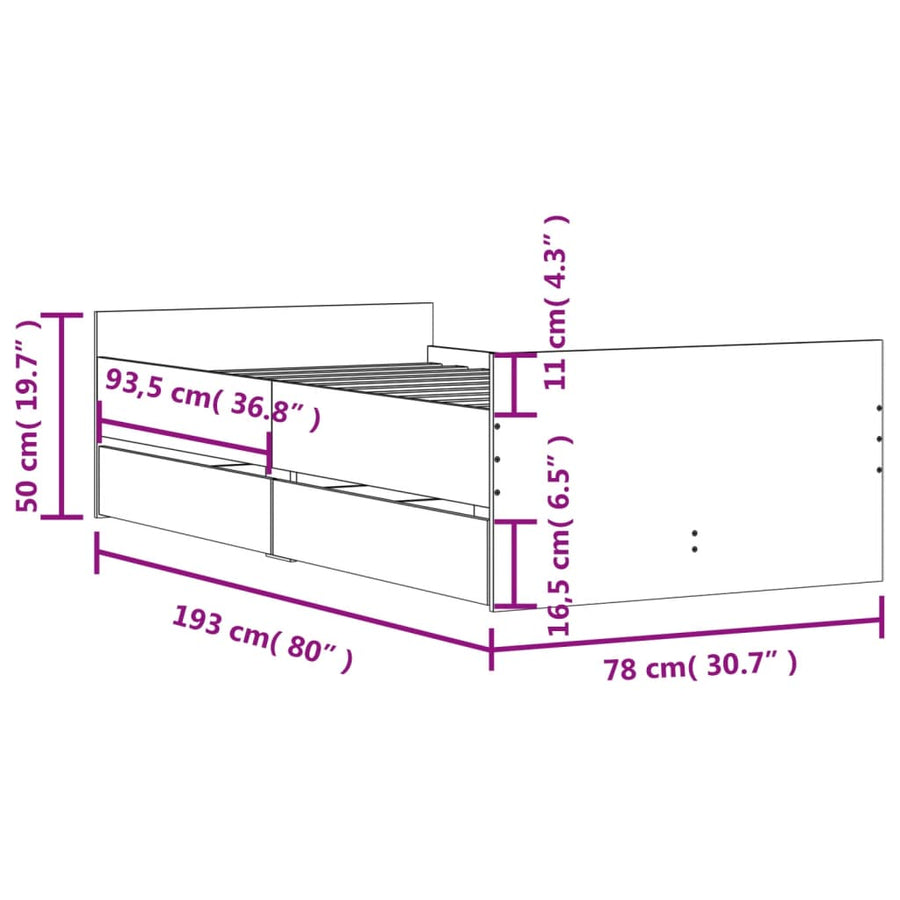 Bedframe Kleurig Small Single Sonoma eiken 75 x 190 cm