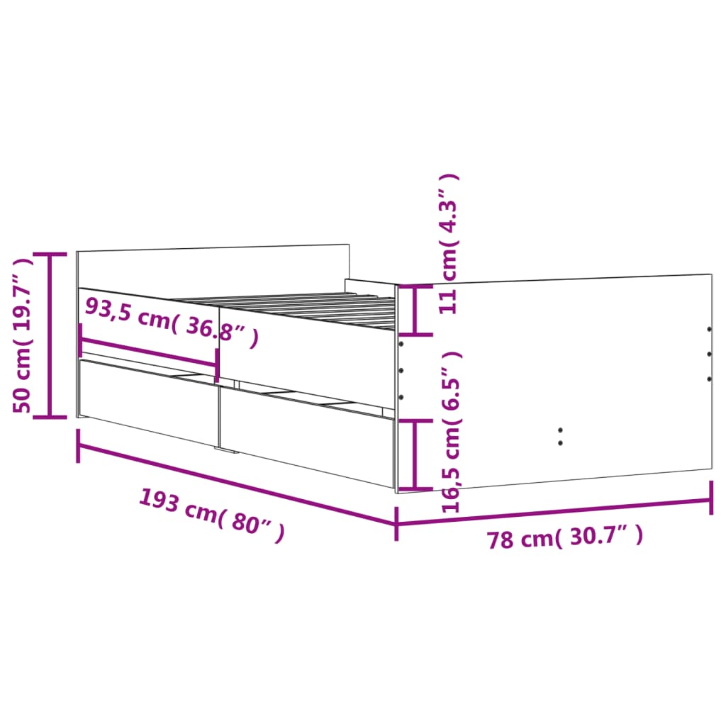 Bedframe Met Lades Ig Small Single 75 x 190 cm bruin eikenkleur