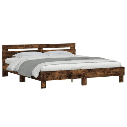 Bedframe met hoofdeinde bewerkt hout gerookt eiken 200x200 cm 200 x 200 cm Gerookt eiken