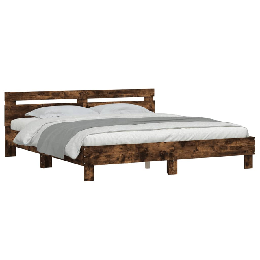Bedframe met hoofdeinde bewerkt hout gerookt eiken 200x200 cm 200 x 200 cm Gerookt eiken