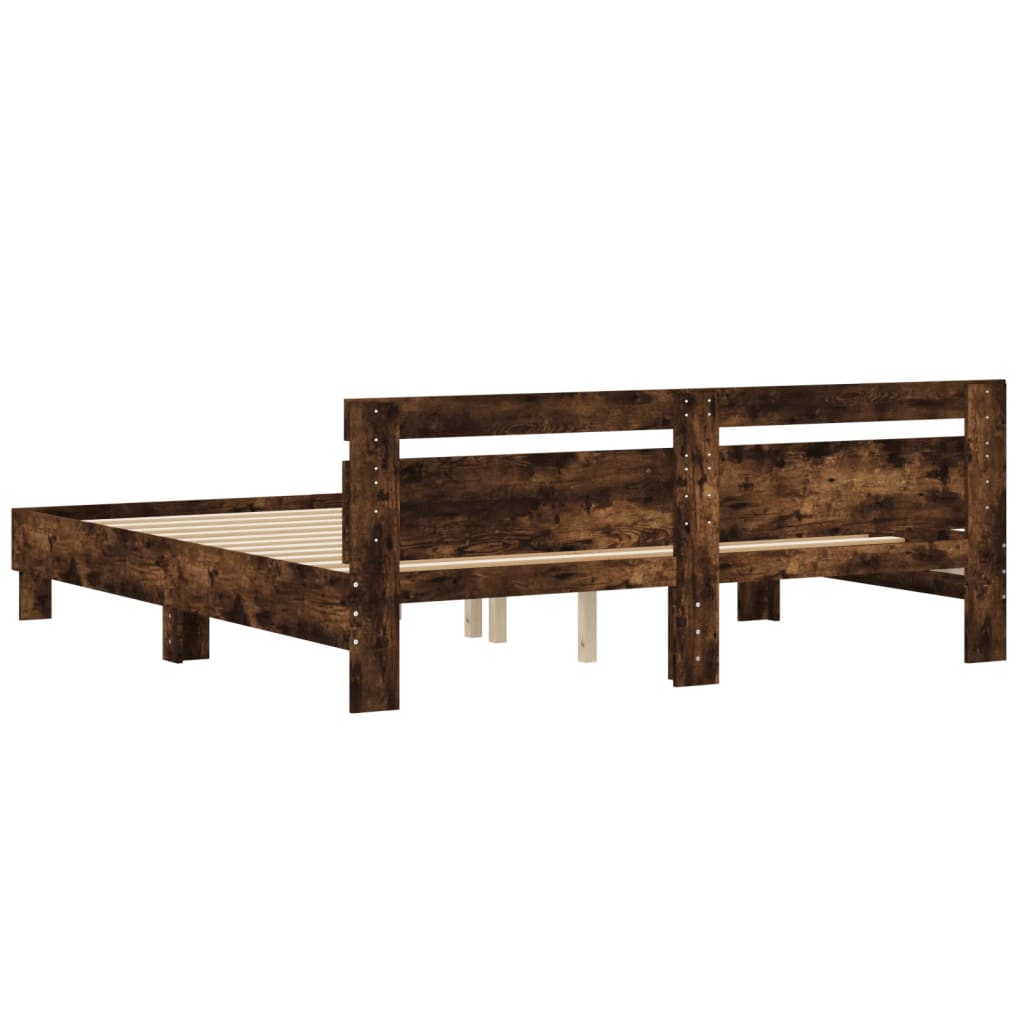 Bedframe met hoofdeinde bewerkt hout gerookt eiken 200x200 cm 200 x 200 cm Gerookt eiken