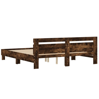 Bedframe met hoofdeinde bewerkt hout gerookt eiken 200x200 cm 200 x 200 cm Gerookt eiken