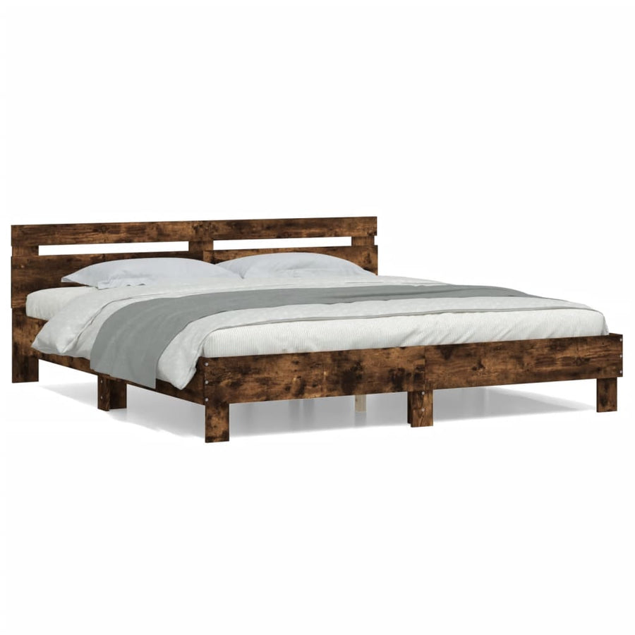 Bedframe met hoofdeinde bewerkt hout gerookt eiken 200x200 cm 200 x 200 cm Gerookt eiken
