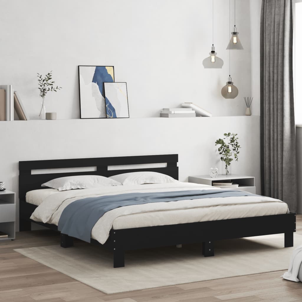 Bedframe Met Hoofdbord Bewerkt Hout Zwart 180 x 200 cm