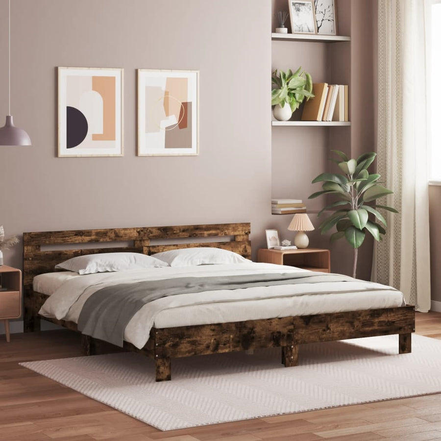 Bedframe met hoofdeinde bewerkt hout gerookt eiken 160x200 cm 160 x 200 cm Gerookt eiken