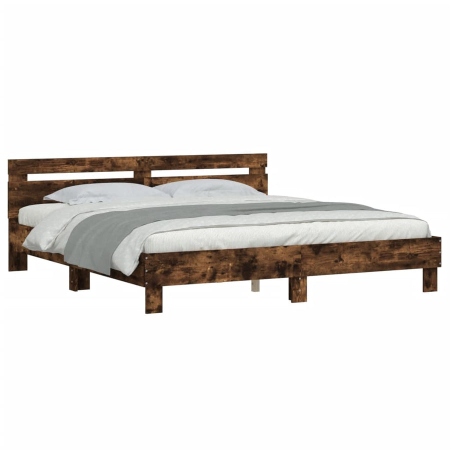 Bedframe met hoofdeinde bewerkt hout gerookt eiken 160x200 cm 160 x 200 cm Gerookt eiken