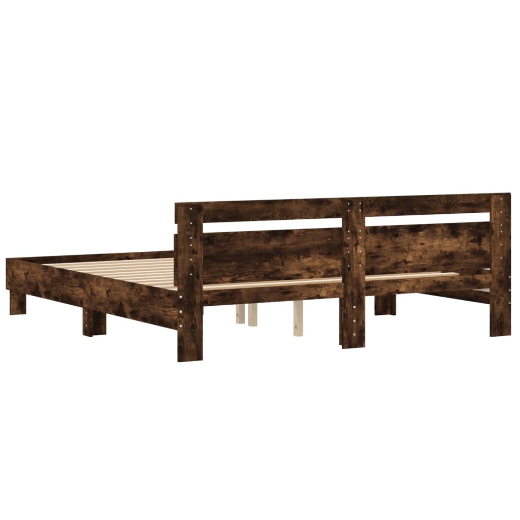 Bedframe met hoofdeinde bewerkt hout gerookt eiken 160x200 cm 160 x 200 cm Gerookt eiken