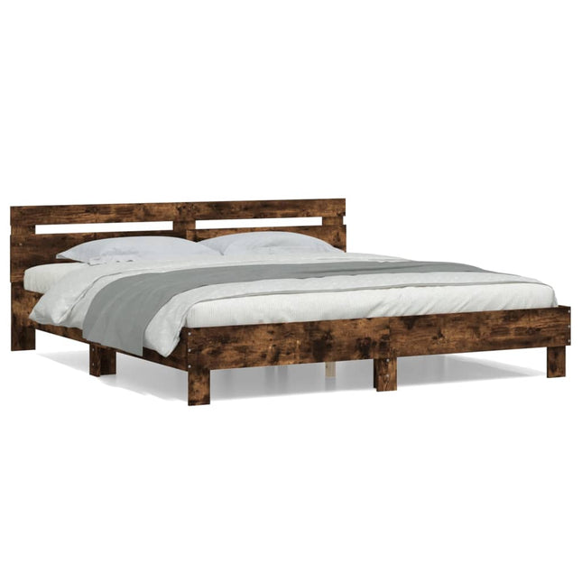 Bedframe met hoofdeinde bewerkt hout gerookt eiken 160x200 cm 160 x 200 cm Gerookt eiken