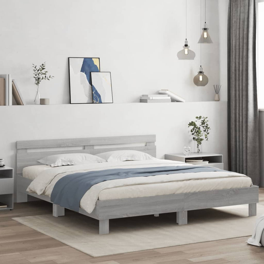 Bedframe met hoofdeinde bewerkt hout grijs sonoma 160x200 cm 160 x 200 cm Grijs sonoma