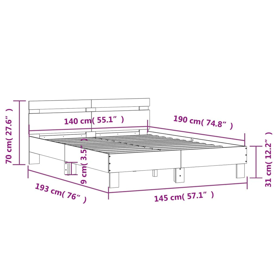 Bedframe met hoofdeinde bewerkt hout sonoma eiken 140x190 cm 140 x 190 cm Sonoma eiken