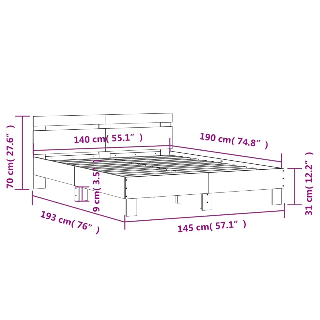 Bedframe met hoofdeinde bewerkt hout betongrijs 140x190 cm 140 x 190 cm Betongrijs