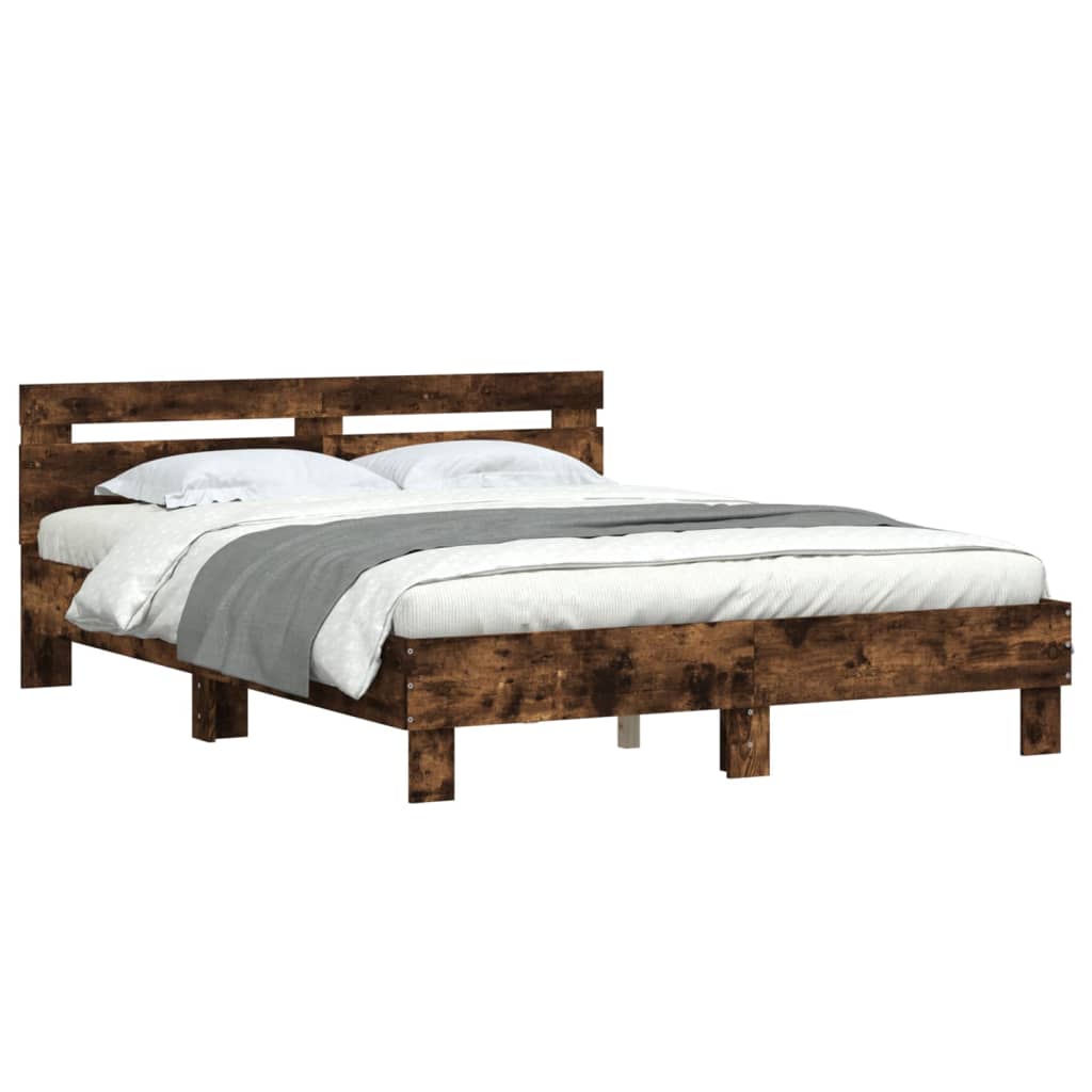 Bedframe met hoofdeinde bewerkt hout gerookt eiken 140x190 cm 140 x 190 cm Gerookt eiken