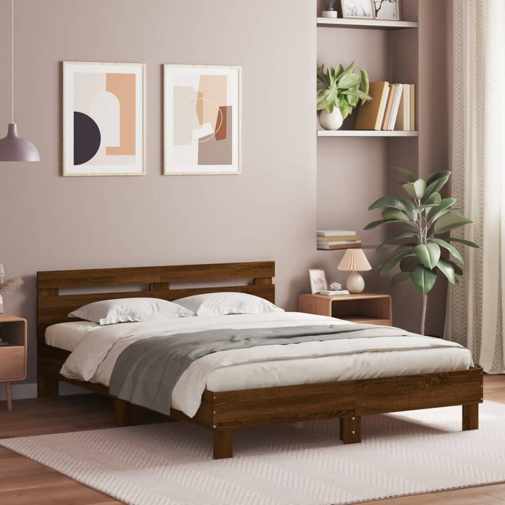 Bedframe met hoofdeinde bewerkt hout bruineikenkleur 140x190 cm 140 x 190 cm bruin eikenkleur